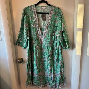 J. Jill NWT 2x Border Printed Seamed Waist Dress Green Floral Paisley Boho Midi